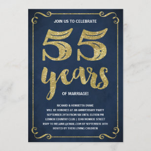 Invitation Typographie dorée Faux feuille d'or 55e annivers