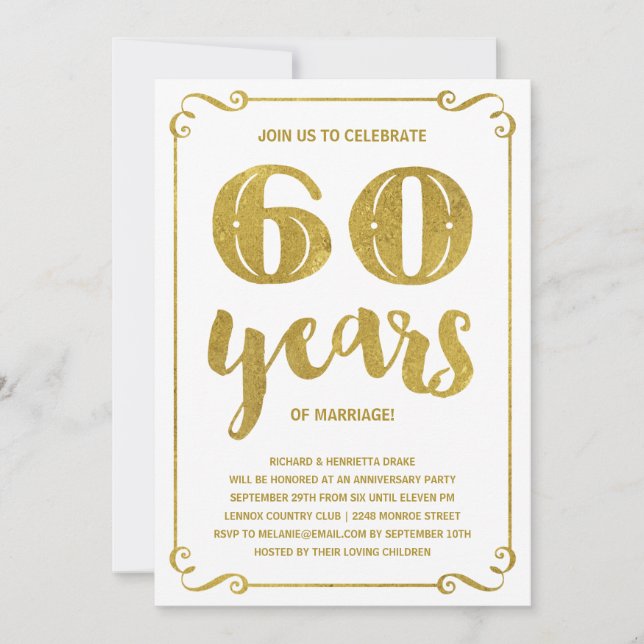 Invitation Typographie dorée | Faux feuille d'or 60e annivers (Devant)