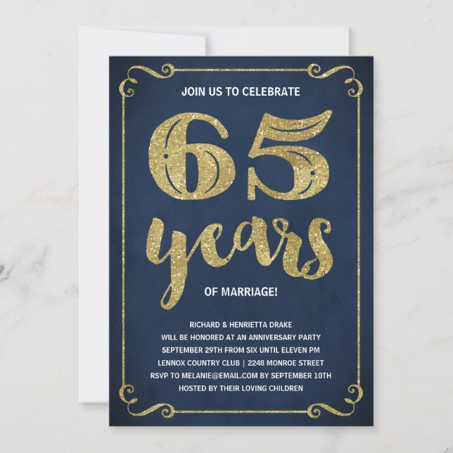 Invitation Typographie dorée | Faux feuille d'or 65e annivers (Devant)