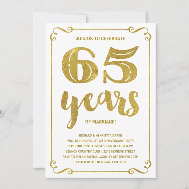 Invitation Typographie dorée | Faux feuille d'or 65e annivers (Devant)