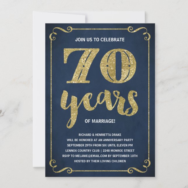 Invitation Typographie dorée | Faux feuille d'or 70e annivers (Devant)
