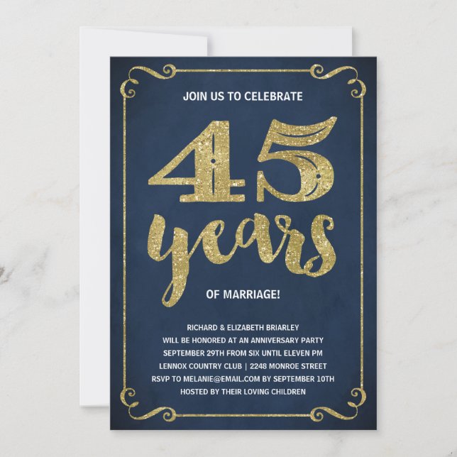 Invitation Typographie dorée | Faux papier métallisé 45e anni (Devant)