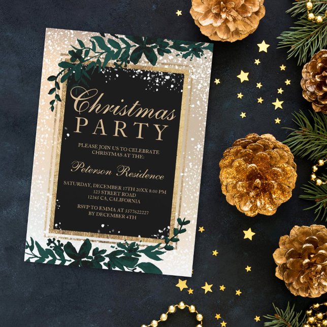 Invitation typographie dorée feuille neige élégant chic Noël (Créateur téléchargé)