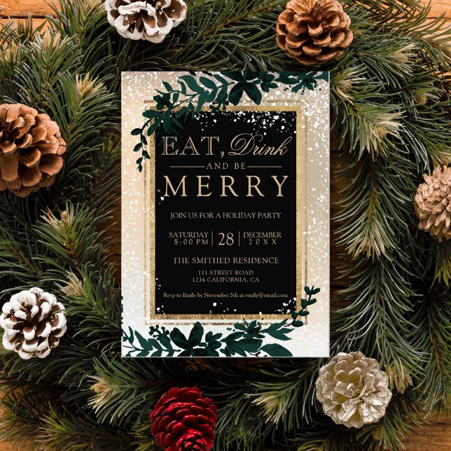 Invitation typographie dorée feuille neige élégant manger Noë (Créateur téléchargé)