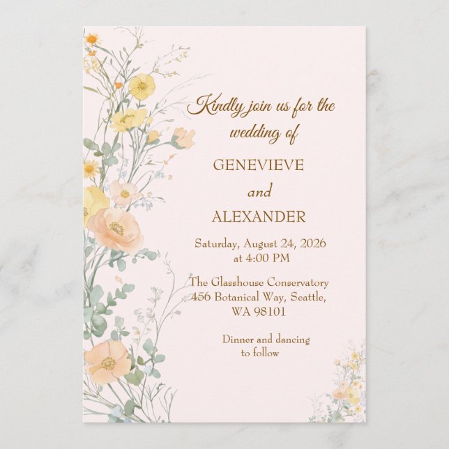 Invitation typographie dorée Fleurs sauvages pêche (Devant)