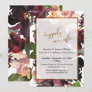 Invitation Typographie dorée Heureux pour toujours Floral bor