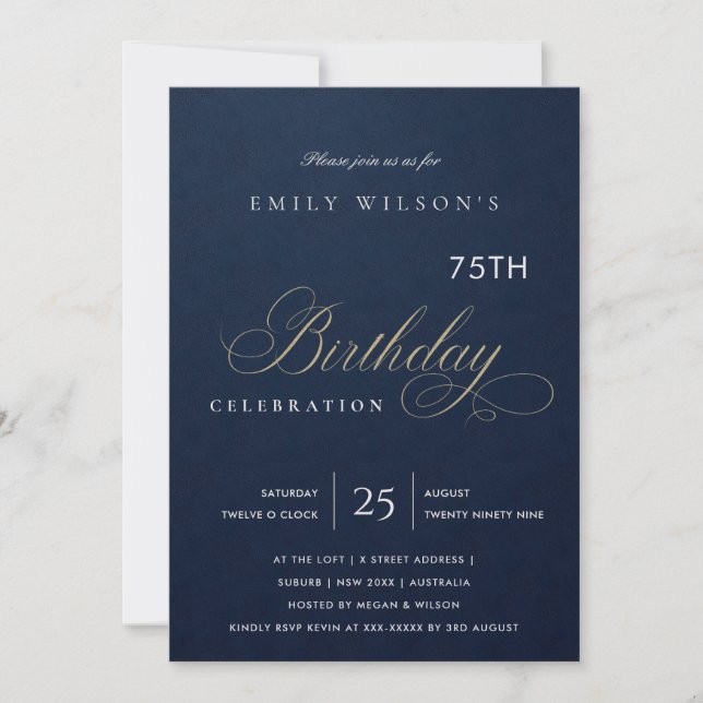 INVITATION TYPOGRAPHIE DORÉE NAVY SIMPLE POUR TOUS ÂGES ANNIV (Devant)