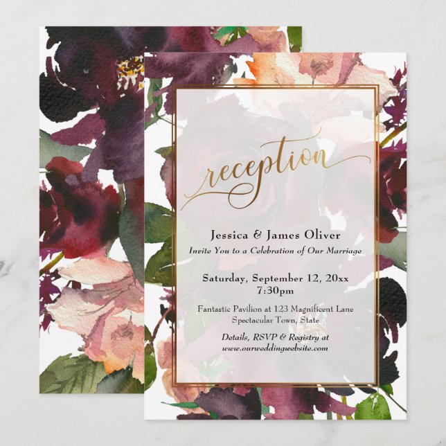 Invitation Typographie dorée Réception Bourgogne Fleurs peint (Devant / Derrière)