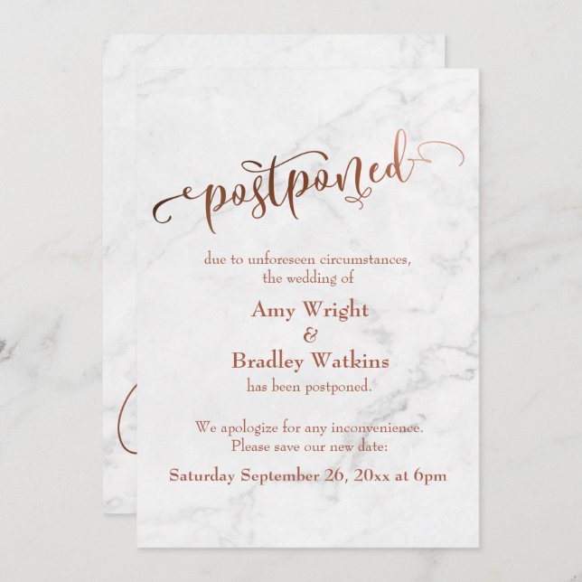 Invitation Typographie du cuivre de marbre Mariage reporté (Devant / Derrière)