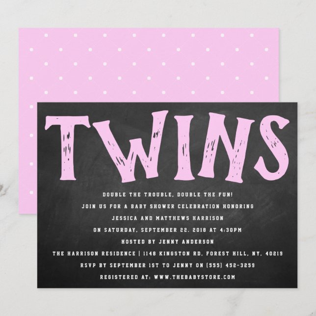 Invitation Typographie du tableau à bascule Baby shower Twin  (Devant / Derrière)