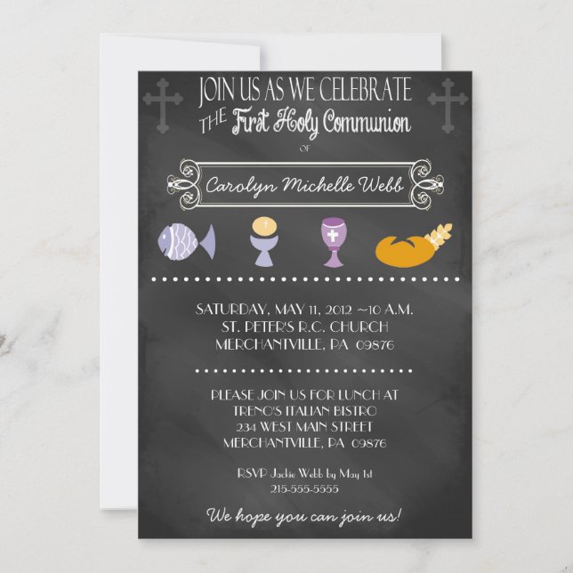 Invitation Typographie du tableau noir 1re communion Invitati (Devant)