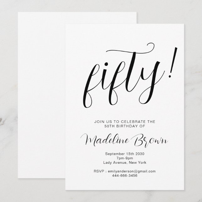 Invitation Typographie élégante Noir Blanc 50e anniversaire (Devant / Derrière)