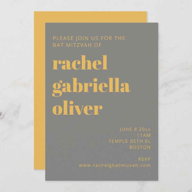 Invitation Typographie en gras Bat mitzvah jaune et gris (Devant / Derrière)