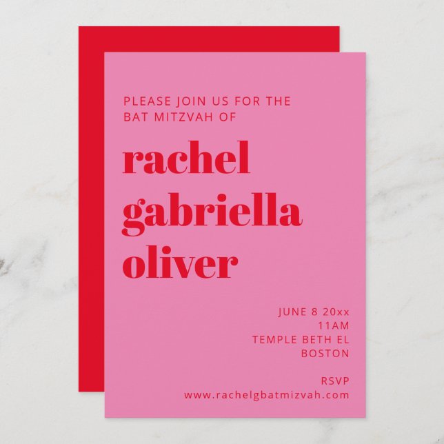 Invitation Typographie en gras Bat mitzvah moderne rose et ro (Devant / Derrière)
