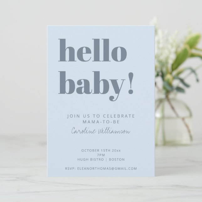 Invitation Typographie en gras Bleu doux Moderne Baby Shower (Debout devant)