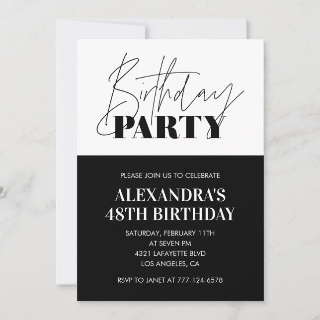 Invitation Typographie en gras noir et blanc 48e anniversaire (Devant)