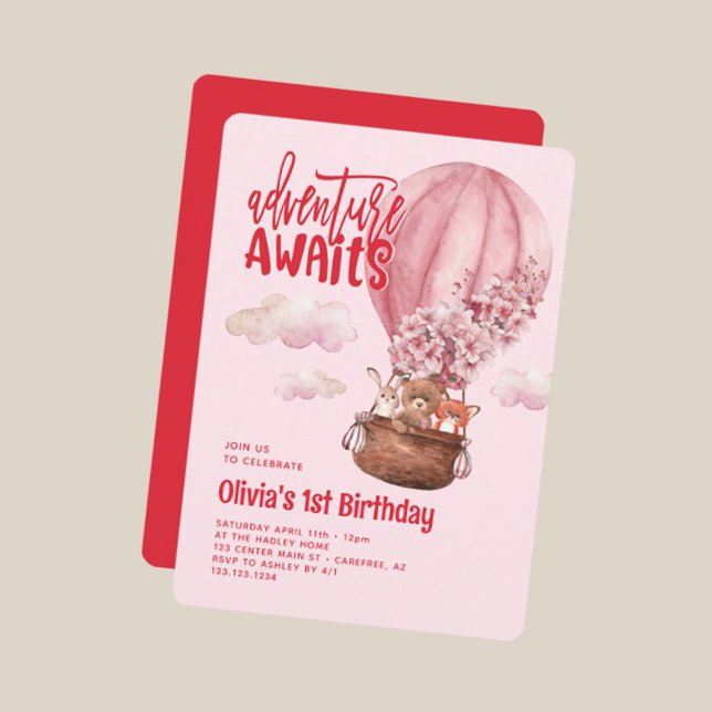 Invitation Typographie en gras Rouge rose 1er anniversaire (Créateur téléchargé)