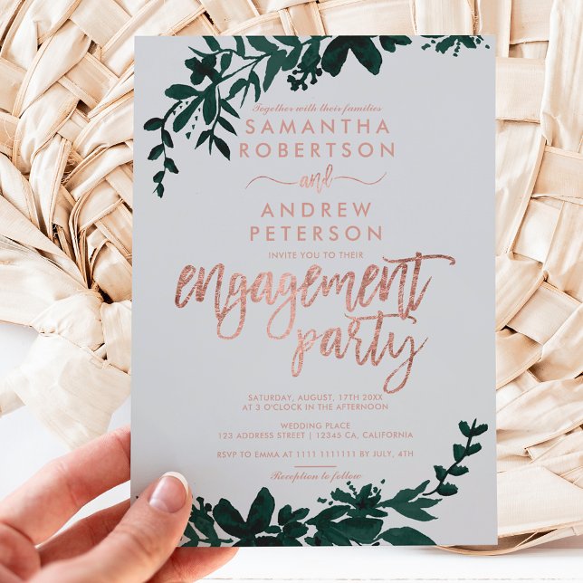 Invitation Typographie en or rose Floral gris engagement (Créateur téléchargé)