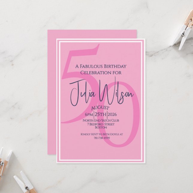 Invitation Typographie Féminine Moderne Rose 50e Anniversaire (Devant/Arrière en situation)