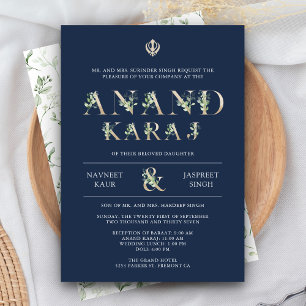 Invitation Typographie feuille Blue Anand Karaj Sikh Mariage