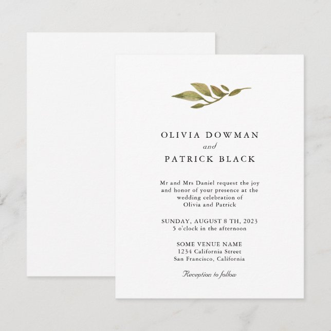 Invitation Typographie feuille verte classique Mariage simple (Devant / Derrière)