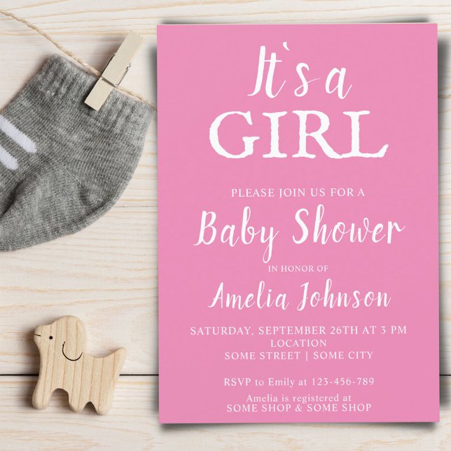Invitation Typographie Fille Rose Baby Shower Fille (Créateur téléchargé)