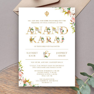 Invitation Typographie florale blanche mariage sikh Anand Kar