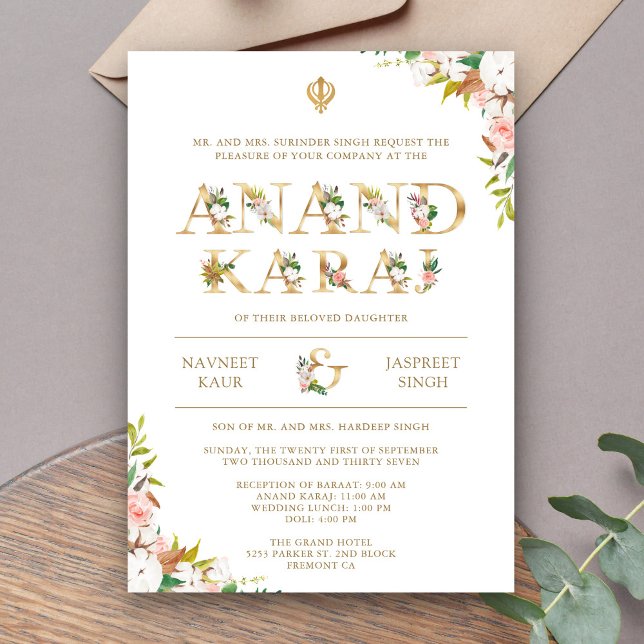 Invitation Typographie florale blanche mariage sikh Anand Kar (Créateur téléchargé)