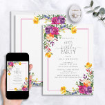 Invitation Typographie florale colorée tendance 60e anniversa<br><div class="desc">C'est presque ton 60e anniversaire et il est temps de fêter ça ! Cette Technicolore tendance Boho Floral 60th Birthday Invitation vous aidera à lancer une fête sauvage. Avec des flancs d'aquarelle peints à la main dans les tons les plus vibrants de violet, d'orange, de fuchsia et de jaune, ils...</div>