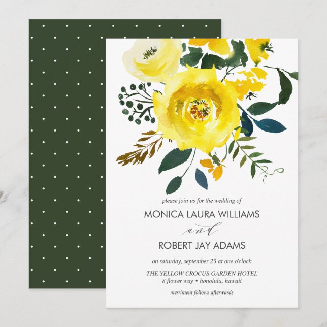 Invitation Typographie florale jaune vibre Mariage (Devant / Derrière)