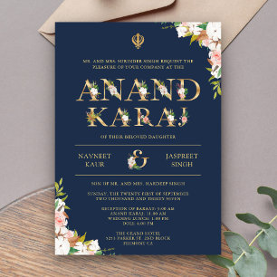 Invitation Typographie florale Marine Anand Karaj Sikh Mariag