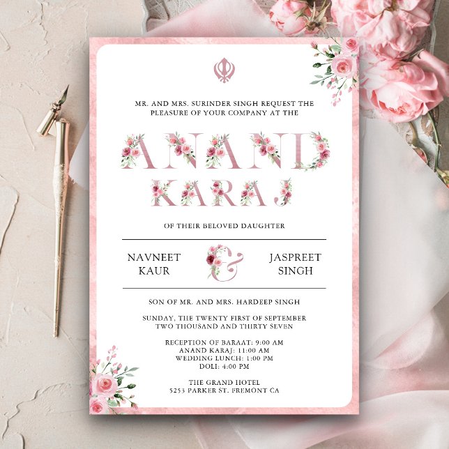 Invitation Typographie florale rose Anand Karaj mariage sikh (Créateur téléchargé)