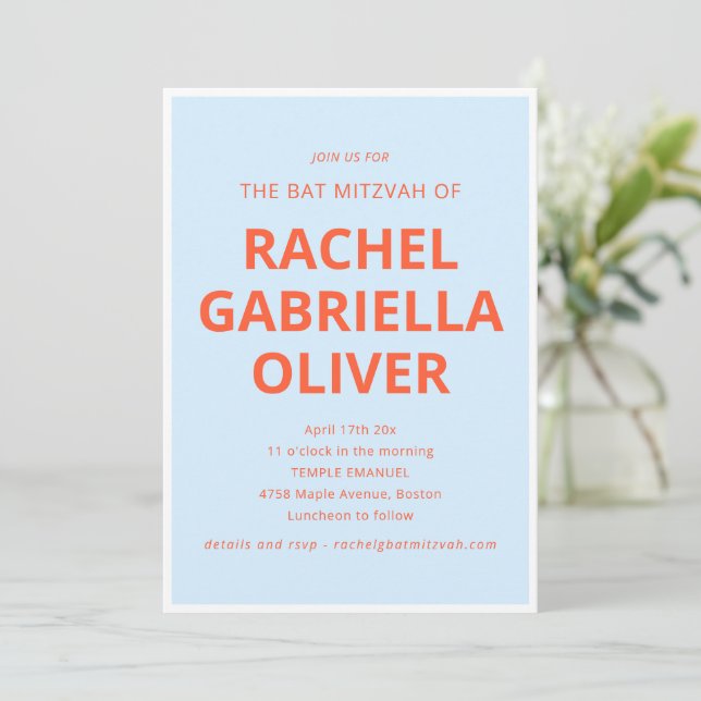 Invitation Typographie Gras Bleu Foncé Orange Bar Mitzvah (Debout devant)