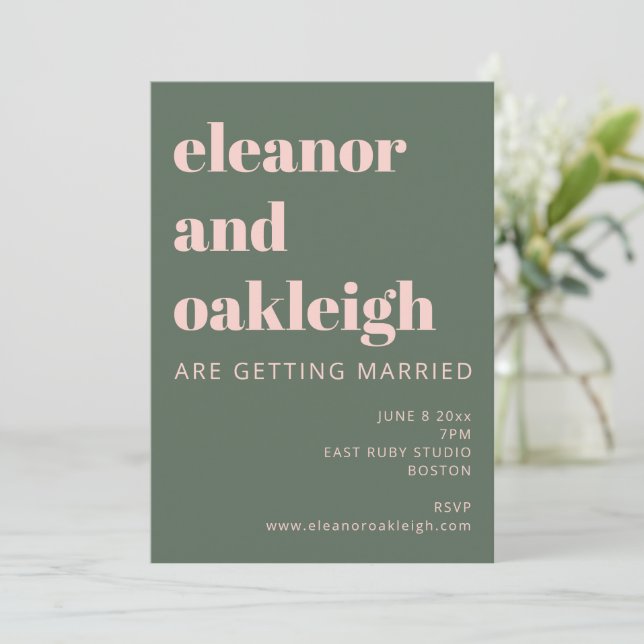 Invitation Typographie Gras Blush Pink Green Mariage moderne (Debout devant)