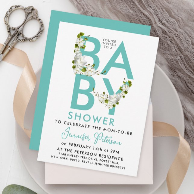 Invitation Typographie Gras Florale Bébé Turquoise Aqua Paste (Créateur téléchargé)