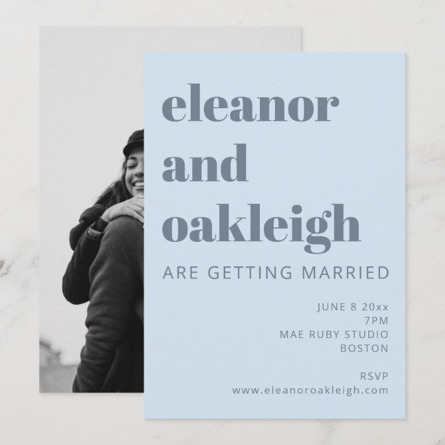 Invitation Typographie Gras Mariage Photo Bleu Soft (Devant / Derrière)