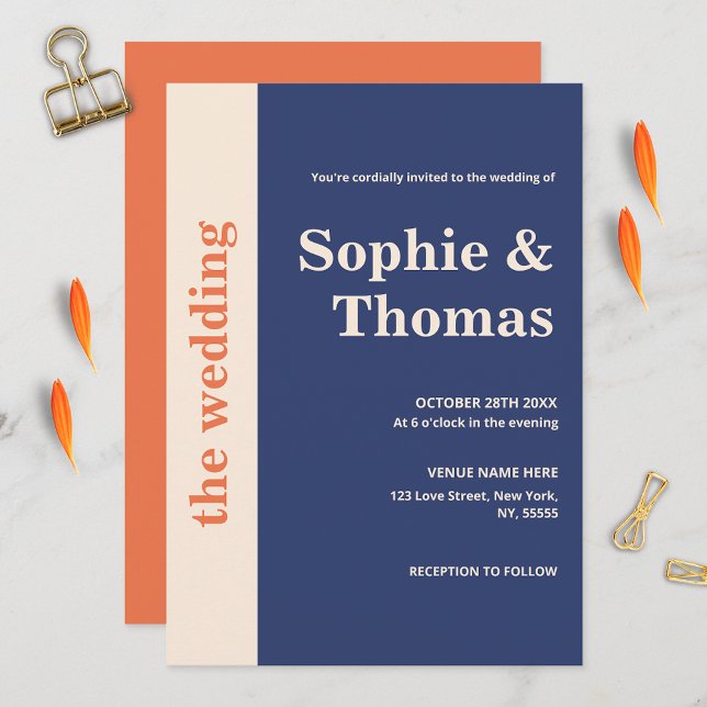 Invitation Typographie Gras Moderne Bleu Marine Orange Mariag (Créateur téléchargé)