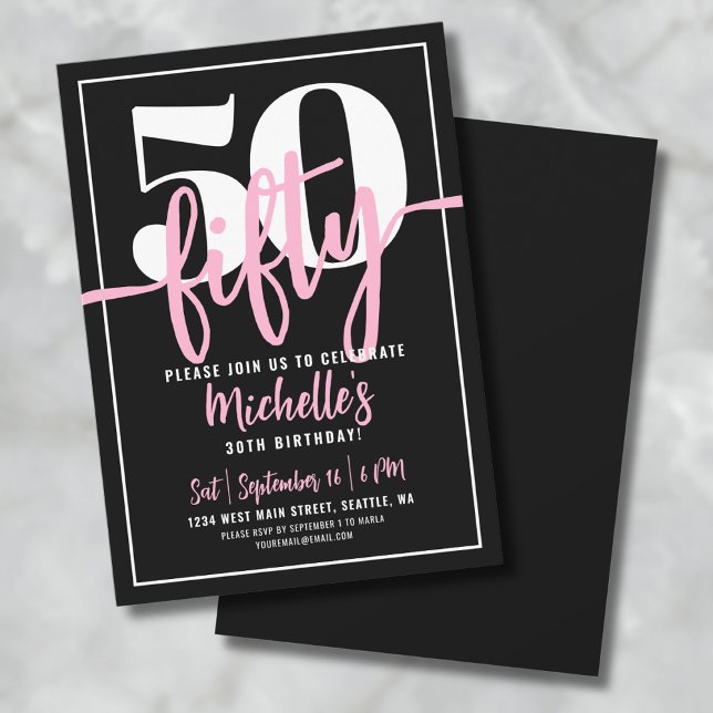 Invitation Typographie Gras Rose Moderne 50e Anniversaire (Fifty Modern Black 50th Birthday Party Invitation)