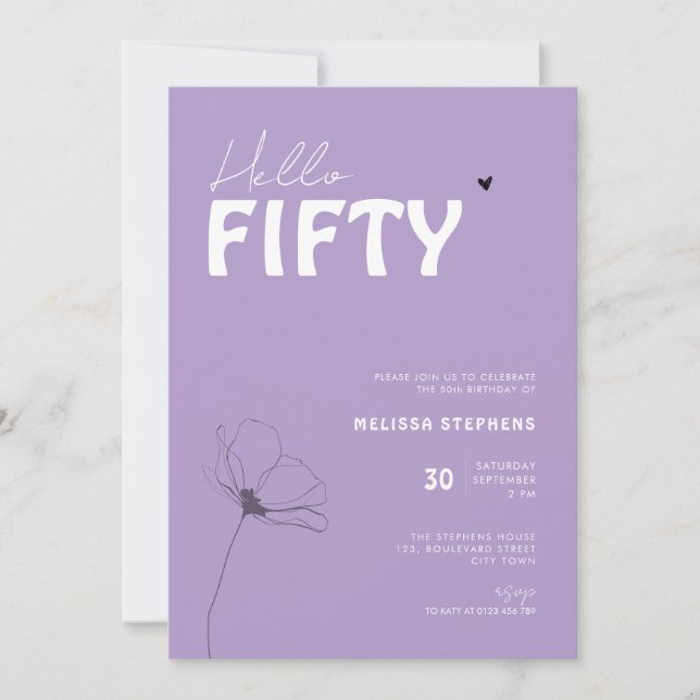 Invitation Typographie Gras Violet Blanc Élégant 50e Annivers (Devant)