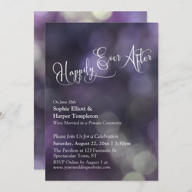 Invitation Typographie "Happily Ever After" avec Bokeh Violet (Devant / Derrière)
