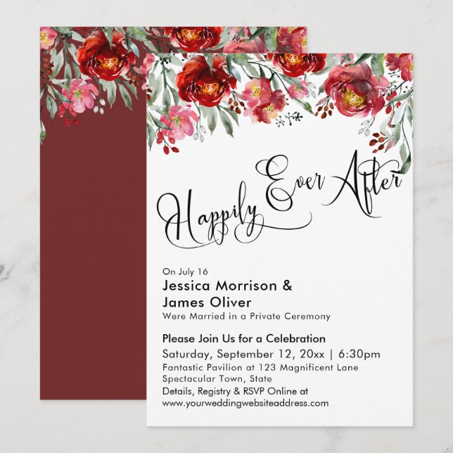 Invitation Typographie Happily Ever After Fleurs Rouge Bourgo (Devant / Derrière)
