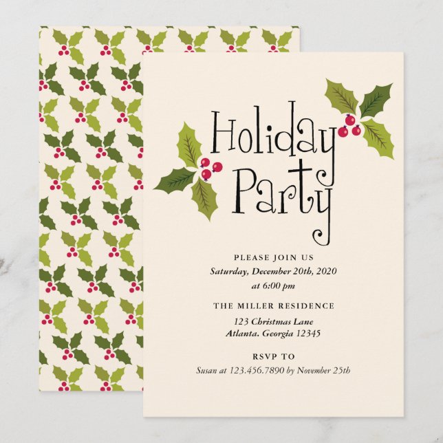 Invitation Typographie Holly Berries et fête des fêtes Feuill (Devant / Derrière)