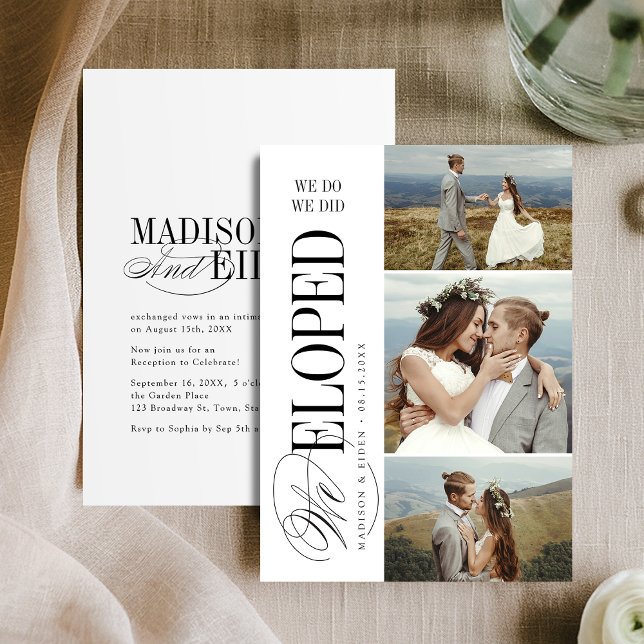 Invitation Typographie Intemporelle 3 photos Réception de Mar (Timeless Typography 3 photo We Eloped Reception Invitation)