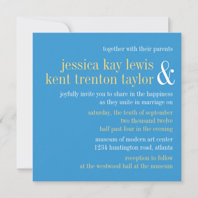 Invitation Typographie jaune ciel mariage moderne (Devant)
