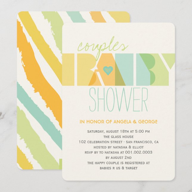 Invitation Typographie jaune vert moderne pour Baby Shower de (Devant / Derrière)
