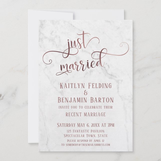 Invitation Typographie "Jeunes mariés" Rose Gold avec Marbre (Devant)