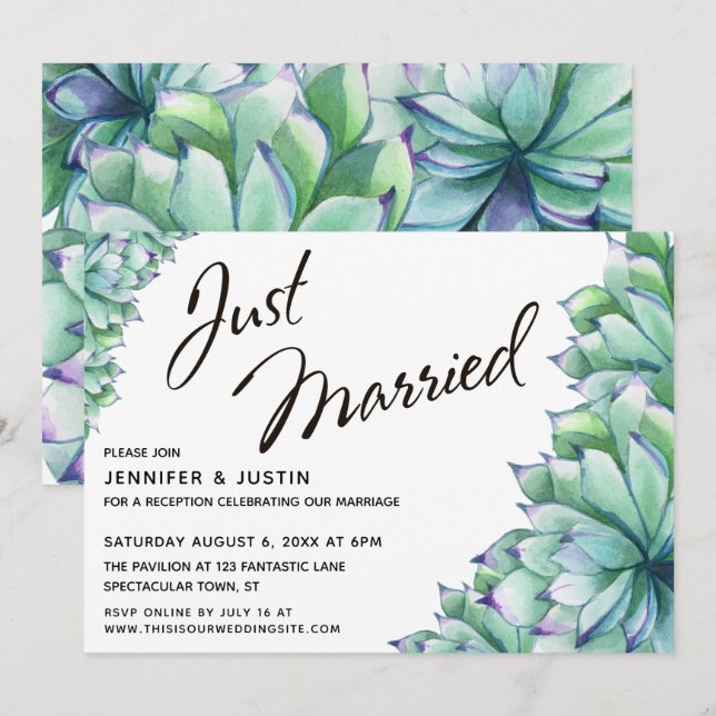 Invitation Typographie « Juste Mariés » avec succulentes aqua (Devant / Derrière)