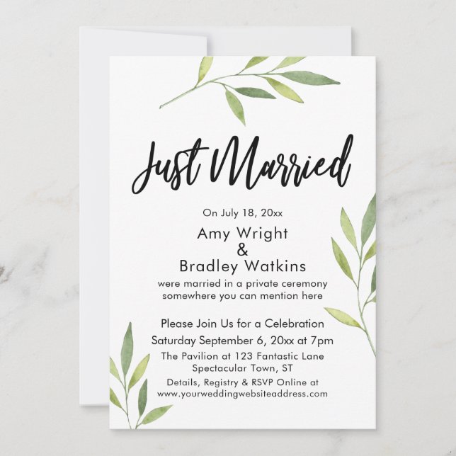 Invitation Typographie « Juste Mariés » Feuillage aquarelle v (Devant)