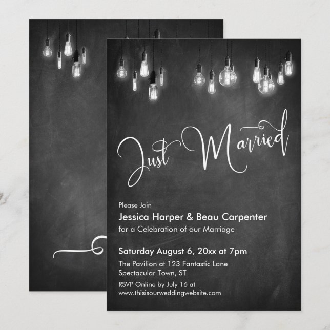 Invitation Typographie "Juste Mariés" Lumières Edison Tableau (Devant / Derrière)