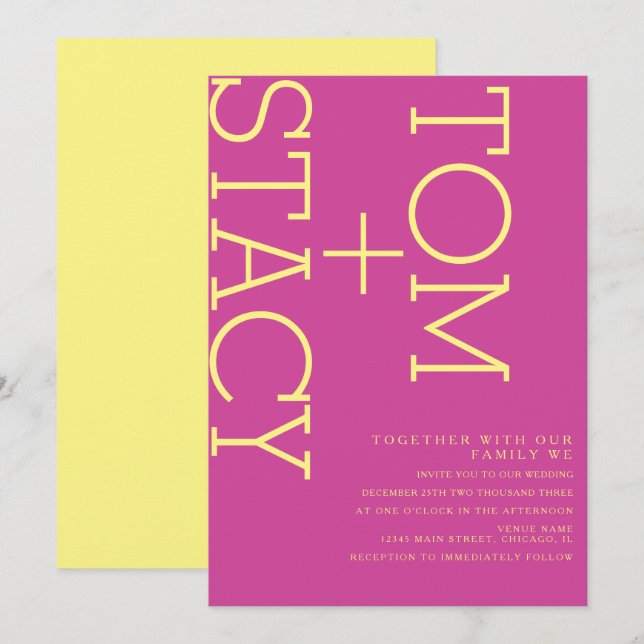 Invitation Typographie lumineuse Xtra Gras Rose Jaune Mariage (Devant / Derrière)
